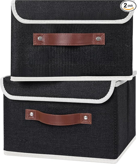 ANMINY 2PCS Storage Bins with Lid PU Leather Handles Storage Boxes PP Plastic Board Decorative Foldable Lidded Cotton Linen Fabric Home Cubes Baskets Closet Organizer Containers - Black, Small Size