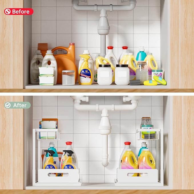 Under Kitchen Sink Organizer 2 Tier, Pull Out Bathroom Sink Organizers and Storage, Cabinet Kitchen Bathroom Storage Organization Shelf, 2 Pack White