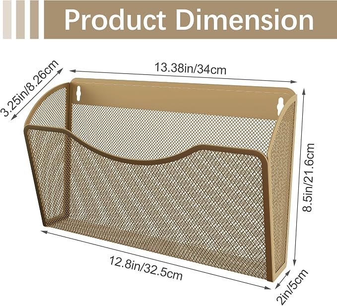 EasyPAG Wall File Organizer, Metal Mesh Hanging File Folder Holder for Letter/A4 Size Folders, Vertical Wall Mount Mail Sorter for Office Paperwork, Classroom, Gold