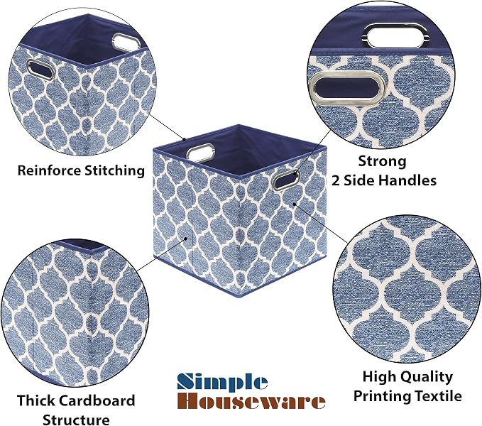 Simple Houseware 13-Inch Collapsible Fabric Cube Storage Bin with Handles, Printed Design, 3 Pack, Steel Blue
