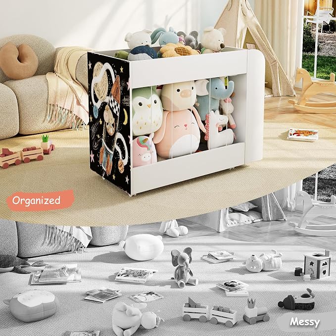 3-in-1 Toy Storage Box with Bookshelf and Chalkboard, Large Stuffed Animal Toy Chest on Wheels, Kids Toy Storage Organizer Bin for Kids Room, Nursery & Playroom, for Kids, White