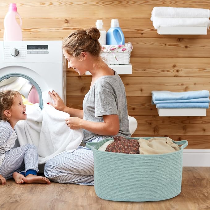 XUANGUO Large Rectangle Blankets Basket Living Room 22"x17"x12" Woven Cotton Rope Storage Baskets for Nursery Toy Baskets for Kids and Dogs Wicker Laundry Basket Bin for Clothes Towels green
