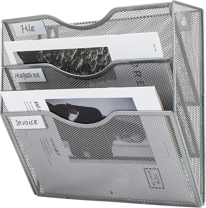PAG Hanging Wall File Holder Mail Organizer Wall Mount Document Letter Rack, 3-Tier, Silver