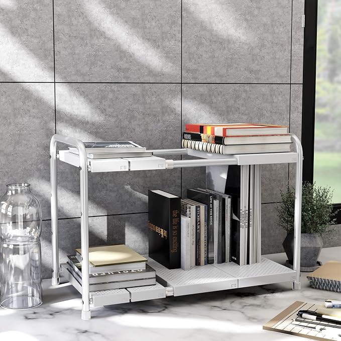 Simple Houseware Under Sink 2 Tier Expandable Heavy Duty Metal Shelf Organizer Rack, White (Expand from 15 to 25 inches)