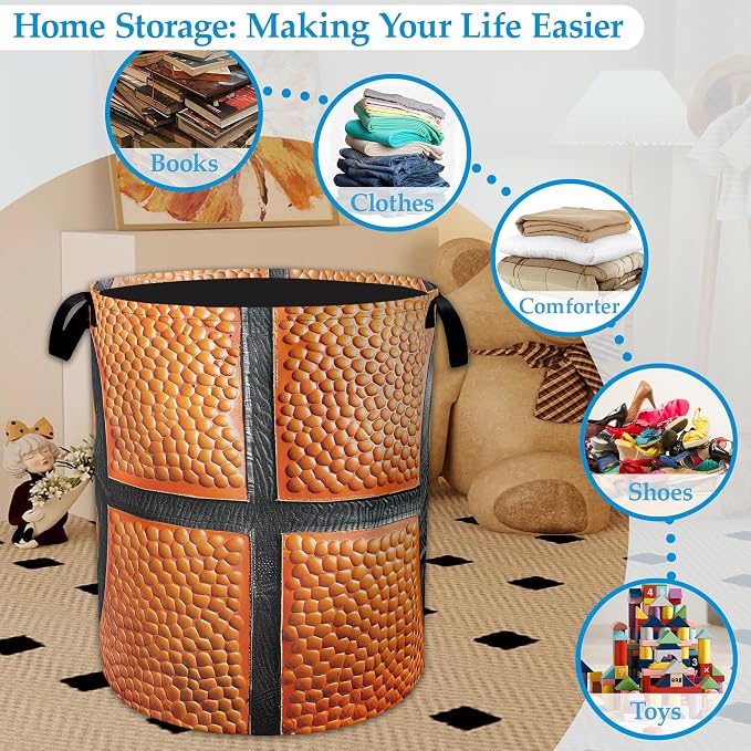 Basketball Large Storage Basket Collapsible Laundry Basket Oxford Storage Bin for Toy Bins Gift Baskets Bedroom Clothes Hamper 16" X 20.8"