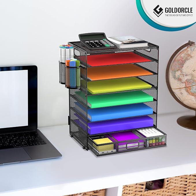 8 Tier Paper Letter Tray Organizer with Handles, Mesh Desk File Holder Storage Organization for Home School Classroom & Office (Black-with Drawer,Pen Holders)