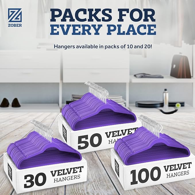 ZOBER Purple Velvet Hangers 50 Pack - Clothes Hangers, Coat Hanger for Pants & Dress Clothes - Non Slip w/ 360 Degree Swivel, Holds up to 10 lbs - Strong Felt Hanger for Clothing