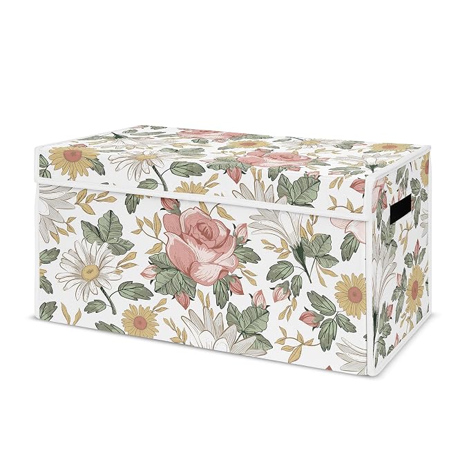 Sweet Jojo Designs Vintage Floral Boho Girl Small Fabric Toy Bin Storage Box Chest for Baby Nursery or Kids Room - Blush Pink, Yellow and Green Shabby Chic Rose Flower Farmhouse