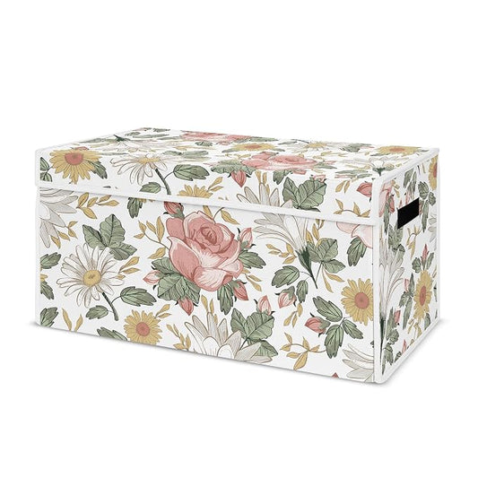 Sweet Jojo Designs Vintage Floral Boho Girl Small Fabric Toy Bin Storage Box Chest for Baby Nursery or Kids Room - Blush Pink, Yellow and Green Shabby Chic Rose Flower Farmhouse