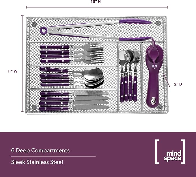 Mindspace Cutlery Organizer Silverware Tray with 6 Compartments | Kitchen Utensil Drawer Organizer | Silverware Tray for Drawer | The Mesh Collection, Silver