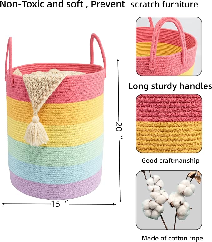 Woven Cotton Rope Laundry basket-15”X20” Laundry Hamper-Rope Storage Basket for Dirty Clothes, Toys and Blankets Perfect for Bathroom, Baby nursery and Living Room Storage (rainbow)