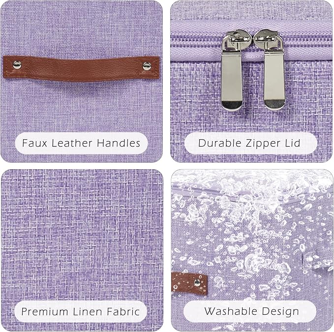 4 Pack Storage Bins with Zipper Lid Cotton Linen Fabric Lidded Storage Baskets Boxes Foldable Washable Closet Shelf Clothes Organizer Container with PU Leather Handles (Purple, Small)