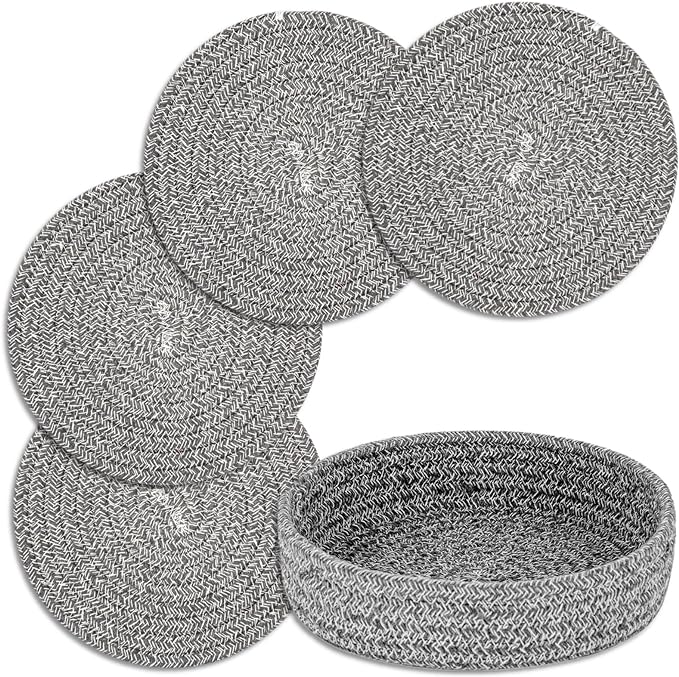 Trivets for Hot Dishes, Pots and Pans, Heat Resistant Hot Pads with Storage Basket, Pot Holders for Kitchen Countertop, Trivet Mats Home Essentials Farmhouse Decor (Grey 4 Pcs)