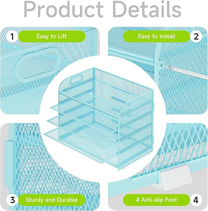Cawukege 5 Tier Paper Organizer with Handle, Blue Metal Mesh Desk Organizer File Folder Paper Letter Tray Desktop Document Sorter for Classroom, School, Office Accessories Organization and Storage