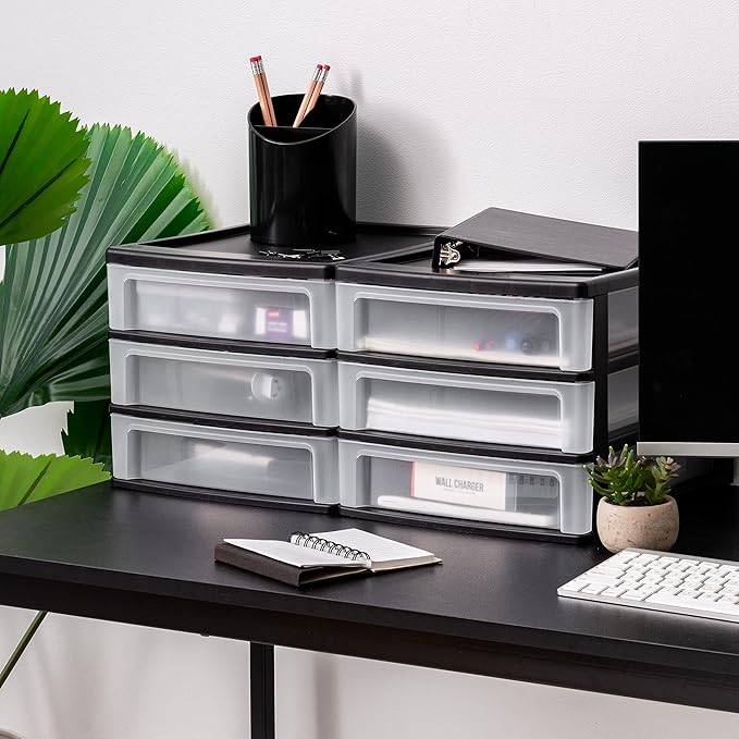 IRIS USA Plastic Stacking Desk Top 3-Drawer Storage Organizer, 2-Pack, for Makeup Vanity Nail Polish Bathroom Stationery Art Craft Supplies Kitchen Office Garage and Small Organization, Medium, Black