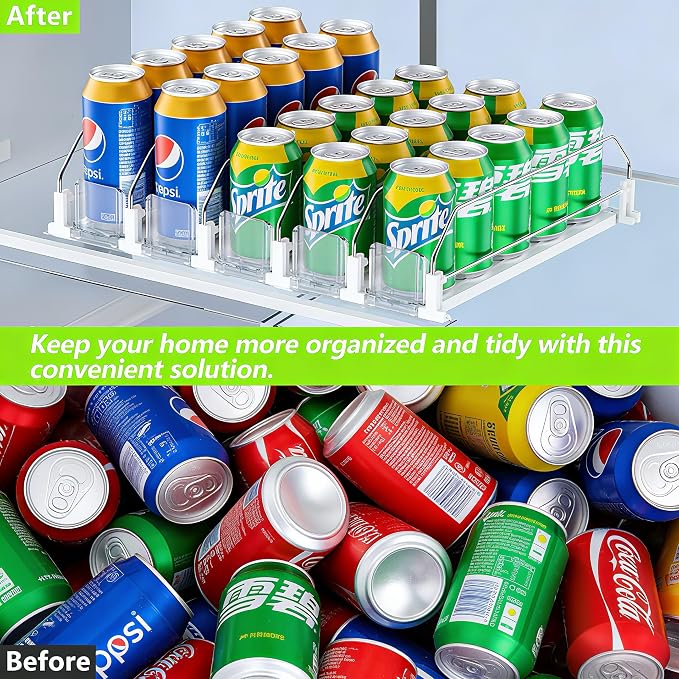 Adjustable White Fridge Organizer, Automatic Can Dispenser & Drink Rack | Holds up to 25 Cans (12oz/16oz/20oz), Gliding Soda & Beer Organizer for Refrigerator - Space Saving Kitchen Storage