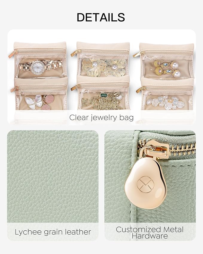 VLANDO Jewelry Box with 6 Velvet Jewelry Bags Travel Jewelry Case for Women Girl Premium Petal Hardware Jewelry Organizer Necklace Rings Earrings Bags Bride Teacher Mom Gifts-Mint Green