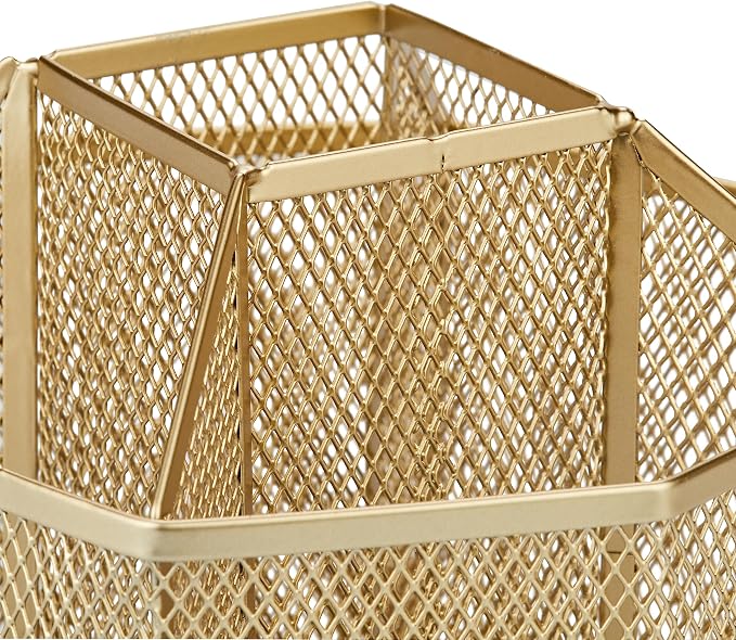 Annova Mesh Desk Organizer Rotate with 5 Compartments Spinning Tidy Candy/Pen Holder Office, Art Supply, Storage, Classroom, Home (Gold)