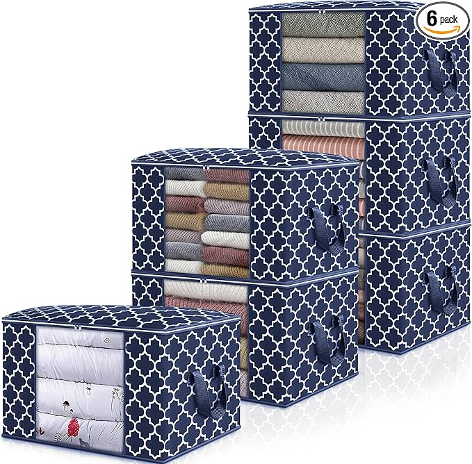 WISELIFE Storage Bags, Large Blanket Clothes Organization and Storage Containers for Bedding, Comforters, Foldable Organizer with Reinforced Handle, Clear Window,Sturdy Zippers,(Blue, 6 x 100L)