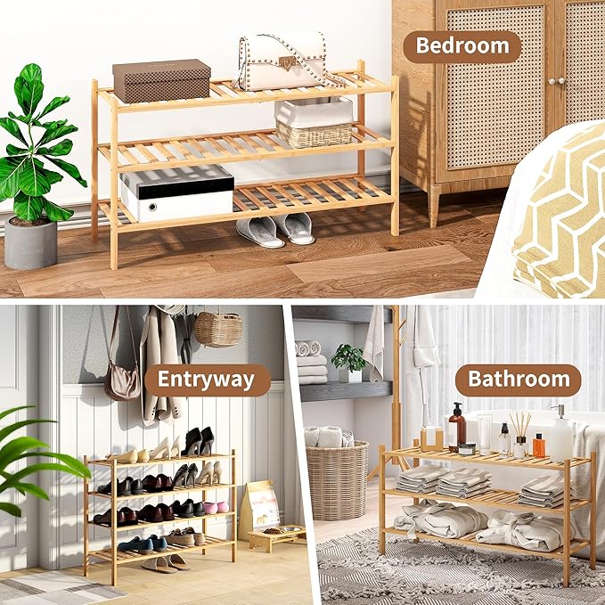Bamboo Shoe Rack Stackable Shoe Shelf Storage Organizer for Unit Entryway Hallway and Closet Sturdy Freestanding Shoe Shelf(3L Tier Natural)