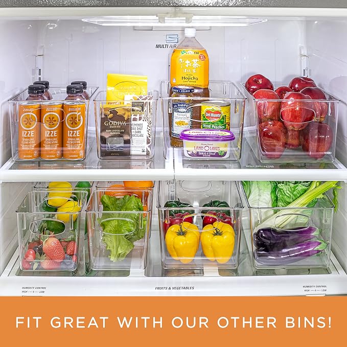 Sorbus Clear Square Fridge Bins- Thick Sturdy Plastic Refrigerator Pantry Organizer- Versatile Non-Slip Stackable Cabinet Organization- Bath, Makeup, Food Snack Packet Organizer - 3 Pack