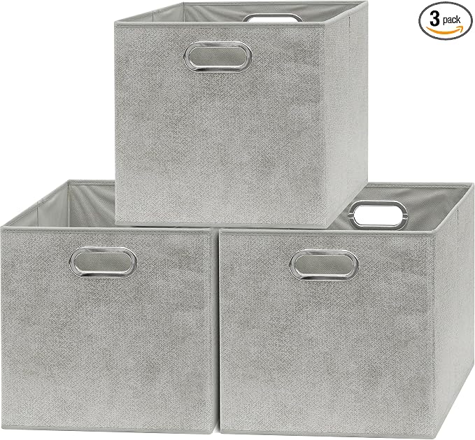 Simple Houseware 13-Inch Collapsible Fabric Cube Storage Bin with Handles, Printed Design, 3 Pack, Gray