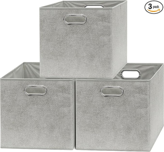 Simple Houseware 13-Inch Collapsible Fabric Cube Storage Bin with Handles, Printed Design, 3 Pack, Gray