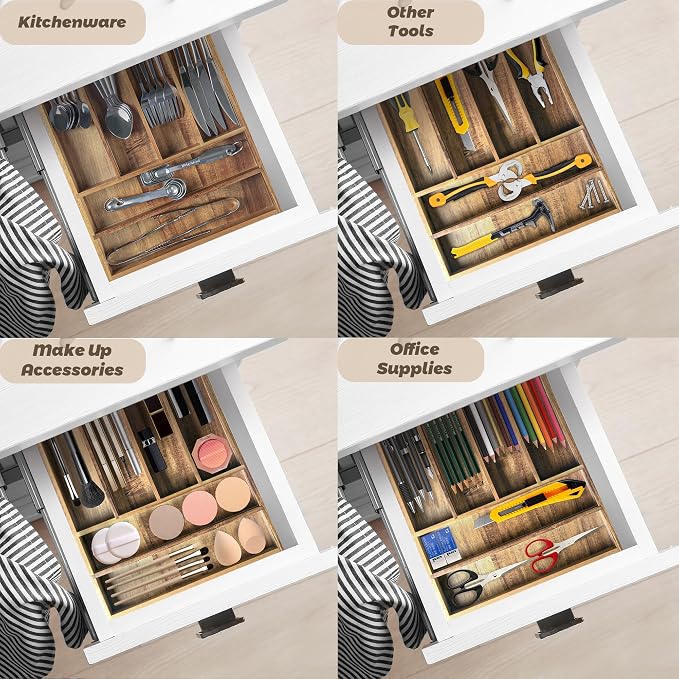 KITEISCAT Acacia Wood Silverware Organizer, Kitchen Utensil Drawer Organizer for Forks, Knives & Spoons, 6-Compartment Cutlery Tray, Flatware Holder