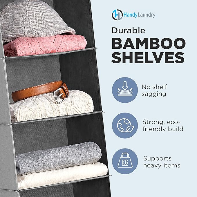 Hanging Closet Organizer - 6 Shelf Storage for Clothes, Sweaters, Shoes & Accessories - Space-Saving Wardrobe Shelves with Hooks for Dorm, RV & Small Closet Organization (Grey) (Pack of 2)