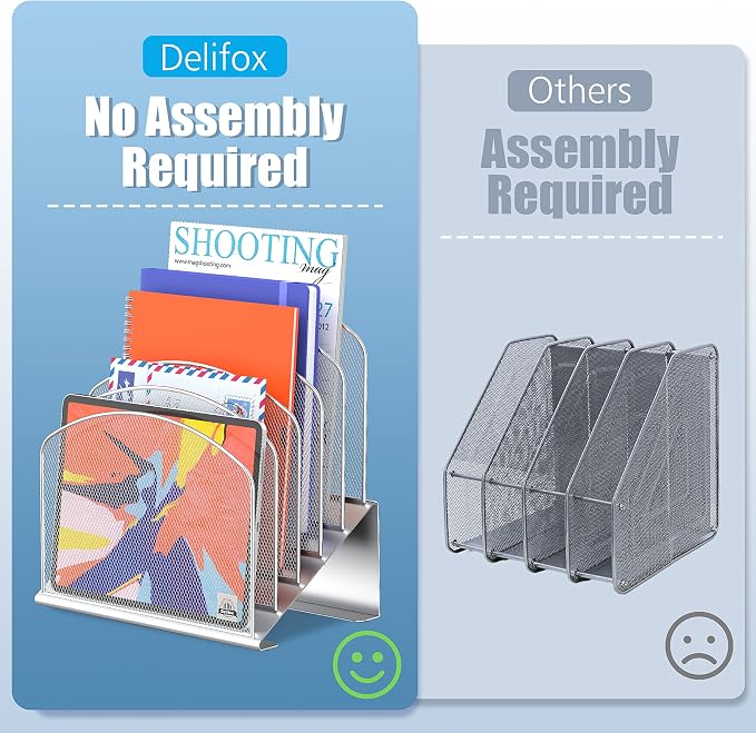 Delifox Inclined Desk File Organizer,Vertical File Folder Holder Stand Metal Rack File Sorter for Office Classroom Desktop Organization (2, Silver, 5)