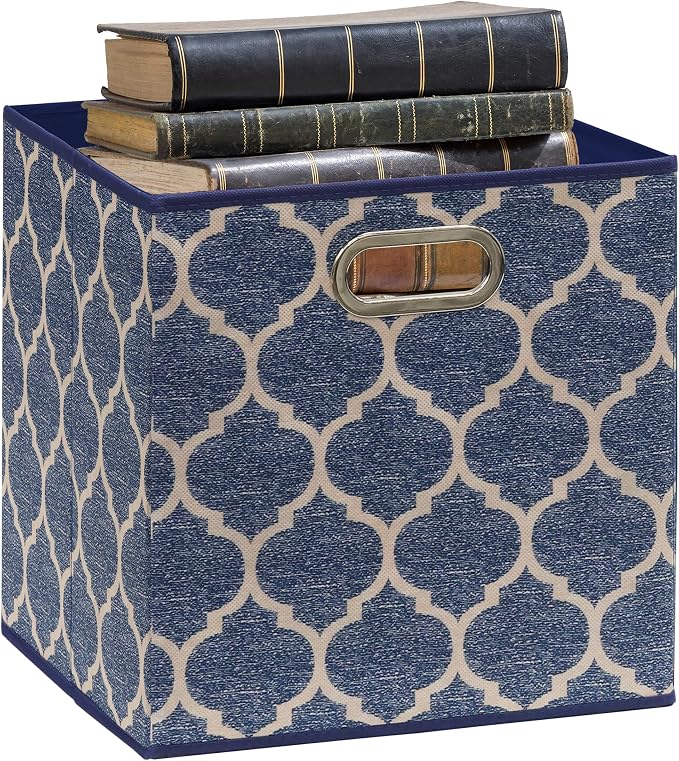 Simple Houseware 11-Inch Collapsible Fabric Cube Storage Bin with Handles, Printed Design, 6 Pack, Steel Blue