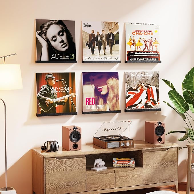 Emfogo Vinyl Record Shelf Wall Mount, 6 Pack Album Record Holder Wall, 12 inch Vinyl Record Storage Shelves Wall, Wood Record Display for Living Room(Black)