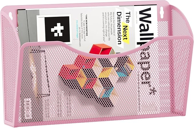 EasyPAG Wall File Organizer, Metal Mesh Hanging File Folder Holder for Letter/A4 Size Folders, Vertical Wall Mount Mail Sorter for Office Paperwork, Classroom, Pink