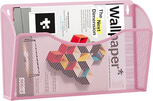 EasyPAG Wall File Organizer, Metal Mesh Hanging File Folder Holder for Letter/A4 Size Folders, Vertical Wall Mount Mail Sorter for Office Paperwork, Classroom, Pink