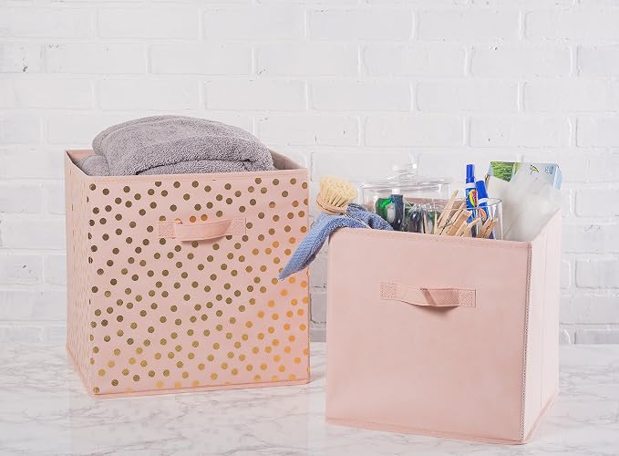 DII Non Woven Polyester Storage Bin, Polka Dot, Pink & Gold, Small Set of 2