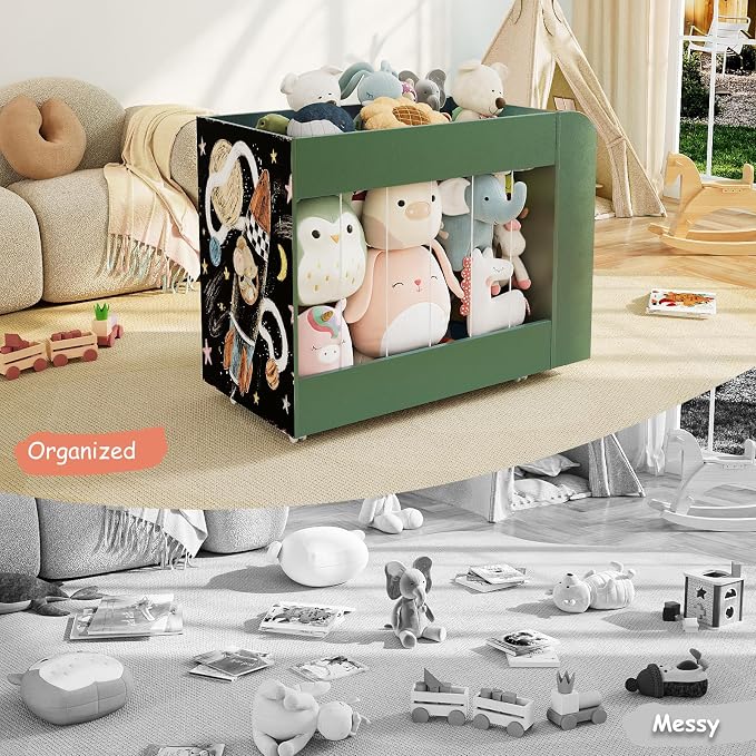 Wooden Kids Bookshelf and Toy Storage Organizer with Side Drawing Chalkboard, 3-in-1 Mobile Stuffed Animal Storage Zoo, Rolling Toy Box Container on 4 Wheels for Kids Room Playroom Nursery, Green