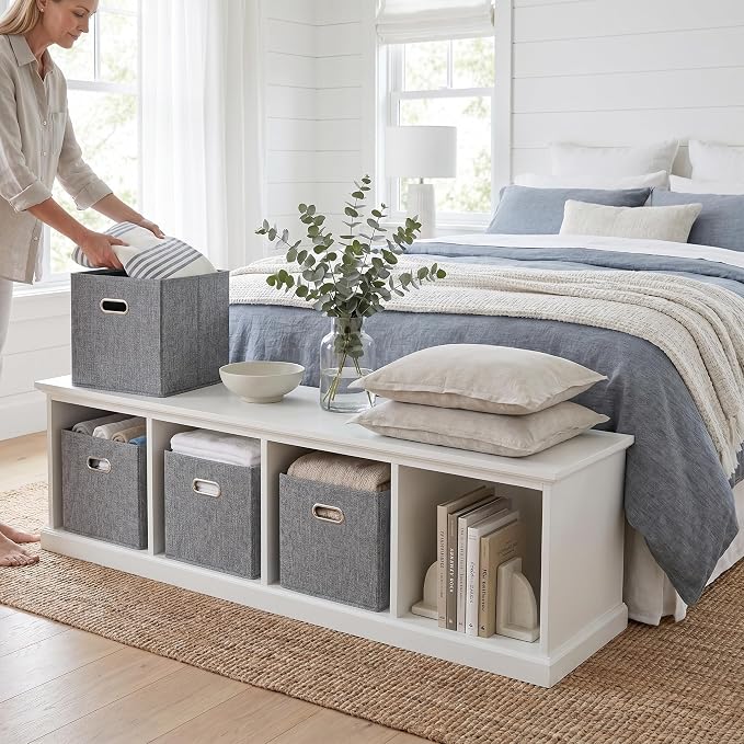 12x12 Gray Fabric Storage Cubes, 4 Pack – Foldable Linen-Look Cube Organizer Bins with Handles, Collapsible Cubby Baskets for Closet, Shelves, Nursery, Dorm Room & Kallax-Style Storage