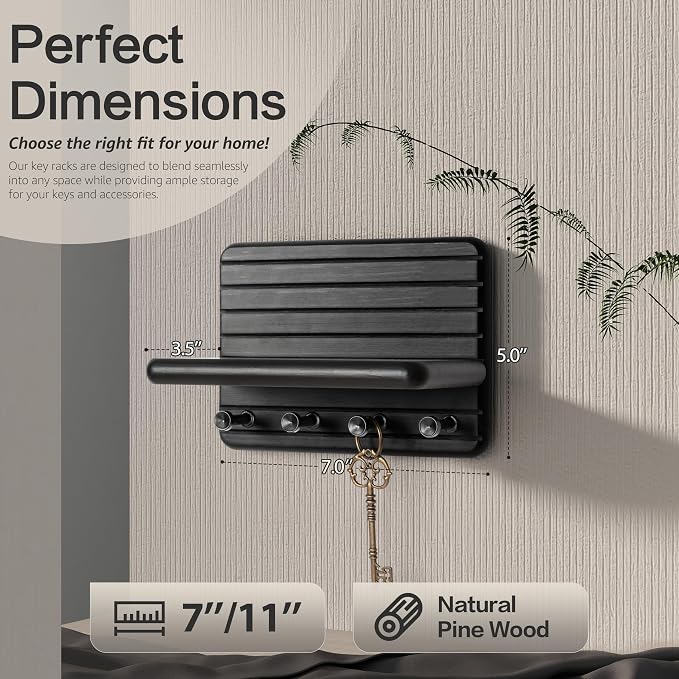 Rebee Vision Small Key Holder Wall Mount for Home Decor – Modern 7-inch Key Rack for Wall with 4 Sturdy Hooks & Mini Floating Shelf - Ideal Home Organization Solution for Small Space (Black)