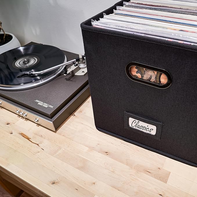 ZICOTO Decorative Vinyl Record Storage Box Set for 100+ Single Records - Sturdy and Easy to Carry LP Holder with Lid - The Perfect Storage Crate for Your Valuable Album Collection