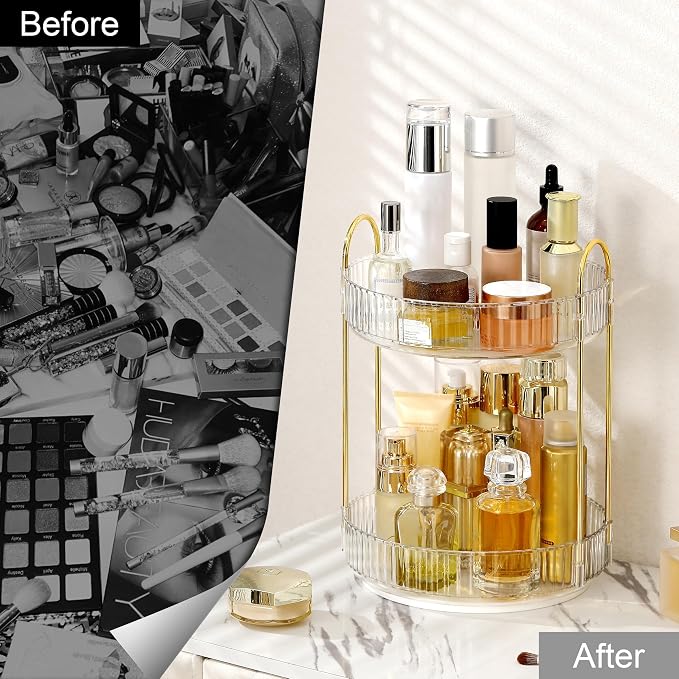 360 Rotating Makeup Organizer for Vanity, Bathroom Countertop Spinning Perfume Organizer, High-Capacity Cosmetic and Skincare Dresser Make Up Holder Rack (2 Tiers, White)