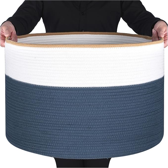 MINTWOOD Design Extra Large 22 x 14 Inches Decorative Woven Cotton Rope Blanket Storage Basket Bin Living Room and Laundry Hamper for Pillows, Pool Towels, Dog Toys, Shoes, Prussian Blue