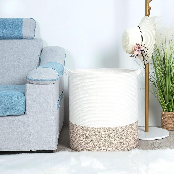 MINTWOOD Design 83L Extra Large 20x18 Inches Decorative Woven Cotton Rope Basket, Tall Laundry Basket Hamper, Blanket Basket for Living Room, Round Storage Baskets for Pillows, Towels, Light Brown