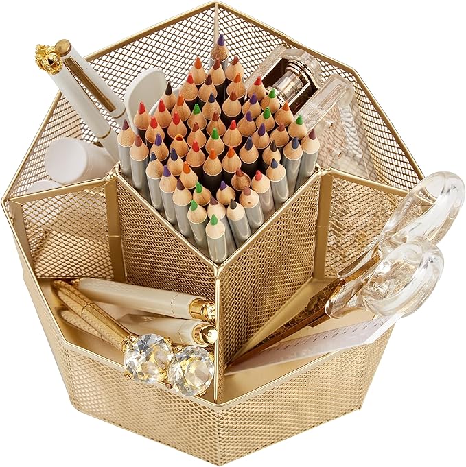 Annova Mesh Desk Organizer Rotate with 5 Compartments Spinning Tidy Candy/Pen Holder Office, Art Supply, Storage, Classroom, Home (Gold)
