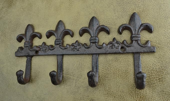Lulu Decor, Cast Iron Fleur De Lis Key Hook Decorative Wall Hooks Antique cast Iron Hook Vintage Hook Key Holder Key Hook Hanger Wall Mount (Brown)