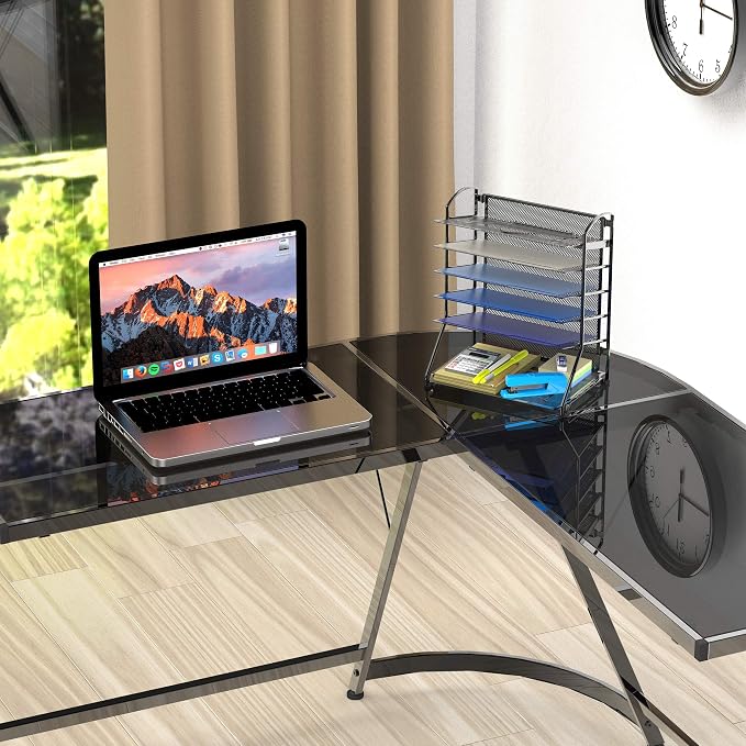 Simple Houseware 6-Tier Desk Organizer & Sliding Paper Tray - Space-Saving Desktop File Holder for Letter & Document Sorting, Black, 2-Pack