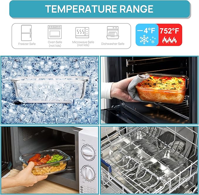 Vtopmart 2Pack 1860ml/63oz Large Glass Storage Containers With Lids, Blue | Meal Prep Food Container Set with Snap Airtight Lid, For Baking, Microwave, Oven, Leak Proof, Freezer, Dishwasher, BPA Free
