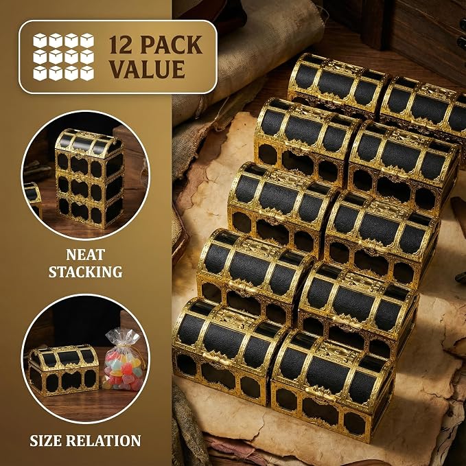 DECHOUS 12Pcs Kids Pirate Treasure Chest Box: Mini Treasure Box for Boys & Girls - Small Plastic Pirate Chest Toy for Party Favor Birthday Theme Decoration, 3 Inch