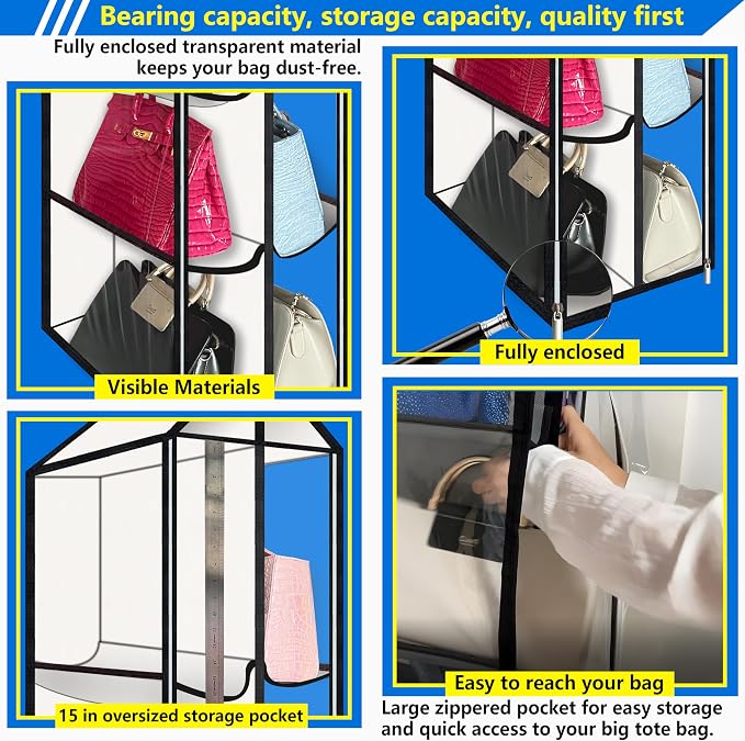 Purse Organizer for Closet, with Zippered-Dustproof, Purse Organizer, Designed for Oversized Wallets & Holds 8-16 Purses, Hanging Purse Organizer for Closet,White-Purse Storage