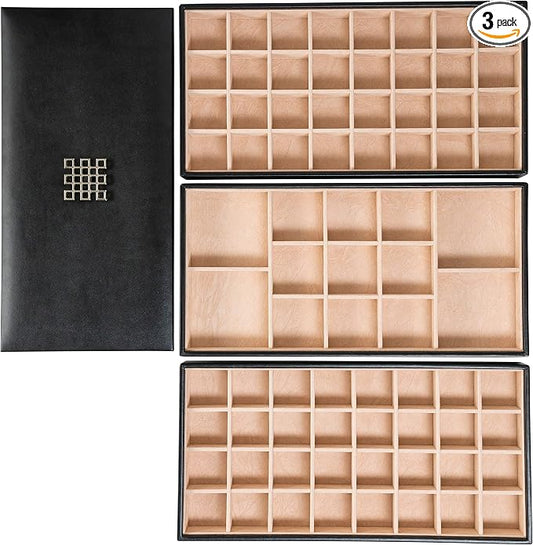 Glenor Co Earring Organizer Tray - 3 Large Stackable Trays with Lid -77 Slot Classic Jewelry Storage Display Case for Drawer or Dresser - Holder for Earring Ring Necklace or Cufflinks