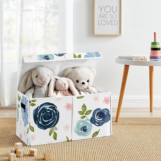 Sweet Jojo Designs Navy Blue Watercolor Floral Girl Small Fabric Toy Bin Storage Box Chest For Baby Nursery or Kids Room - Blush Pink, Green and White Shabby Chic Rose Flower
